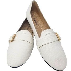 Women's Slip On Loafer Buckle Flats, B-2848, White
